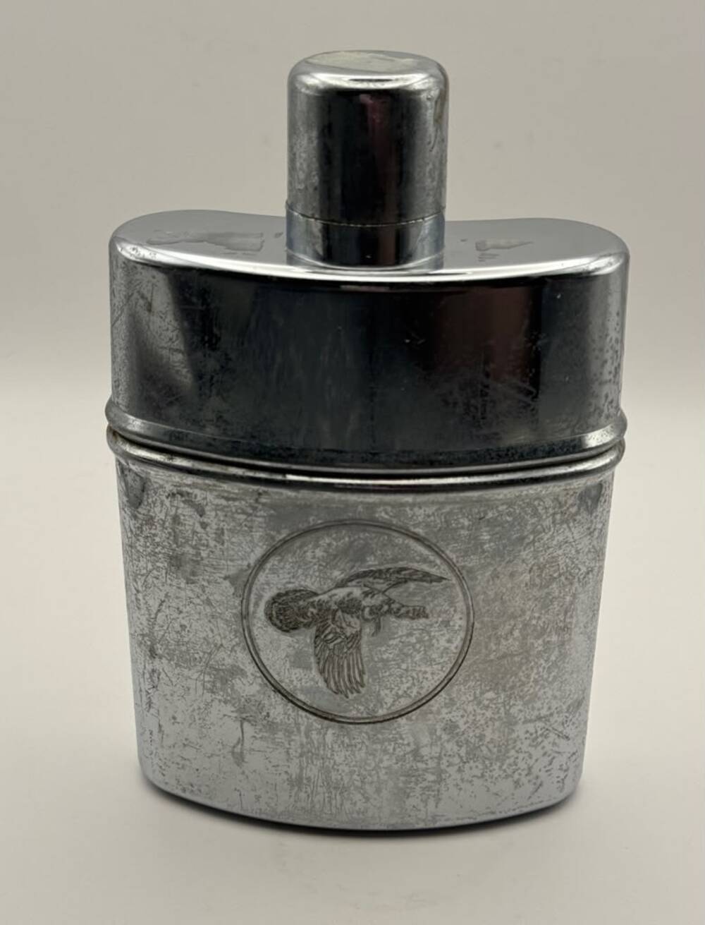Wild Turkey Logo Chrome Metal Pocket Flask Screw Cap Vintage Barware Display